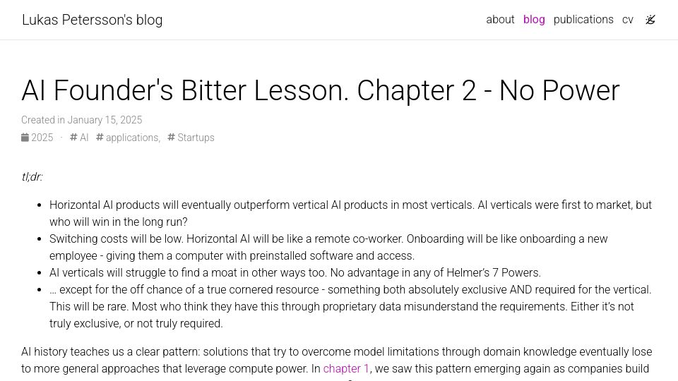 Screenshot of lukaspetersson.com: AI Founder's Bitter Lesson. Chapter 2 – No Power