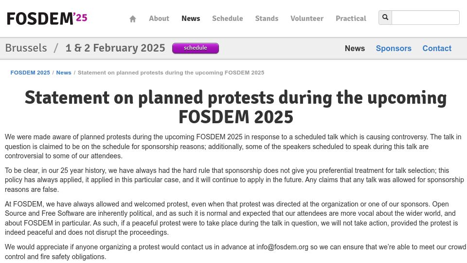 Screenshot of fosdem.org: Statement on planned protests during the upcoming FOSDEM 2025