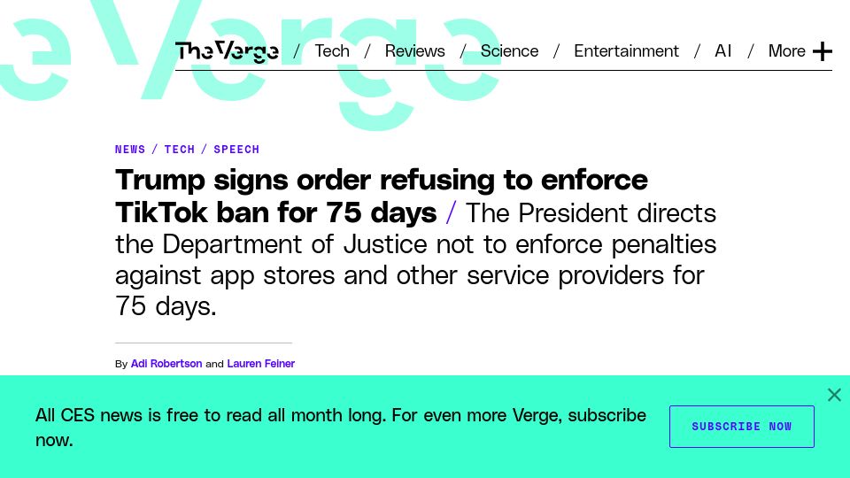 Screenshot of theverge.com: President signs order refusing to enforce TikTok ban for 75 days