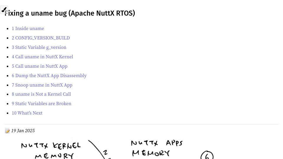 Screenshot of lupyuen.org: Fixing a uname bug (Apache NuttX RTOS)