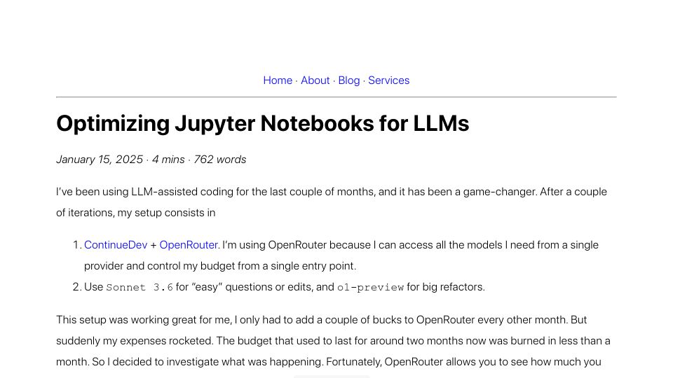 Screenshot of alexmolas.com: Optimizing Jupyter Notebooks for LLMs