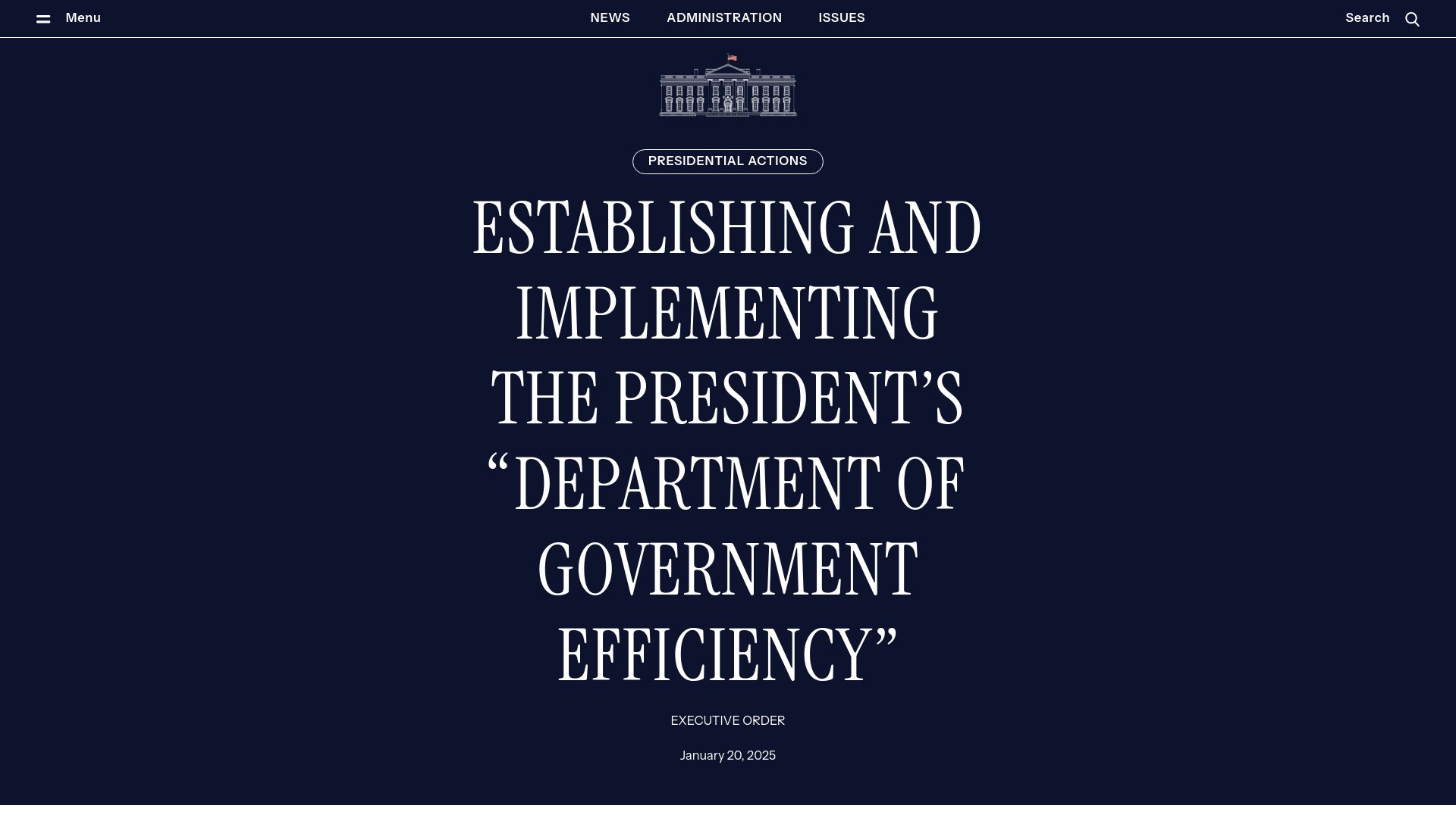 Screenshot of whitehouse.gov: United States Digital Service Renamed to DOGE