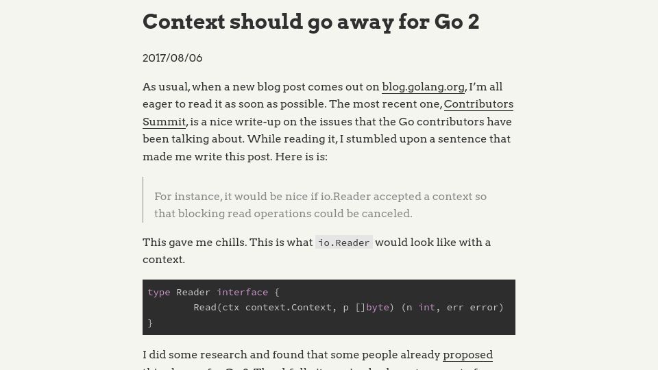 Screenshot of faiface.github.io: Context should go away for Go 2 (2017)