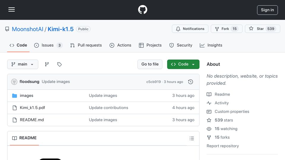 Screenshot of github.com: Kimi K1.5: Scaling Reinforcement Learning with LLMs