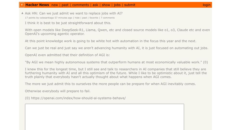 Screenshot of Hacker News post: Ask HN: Can we just admit we want to replace jobs with AI?