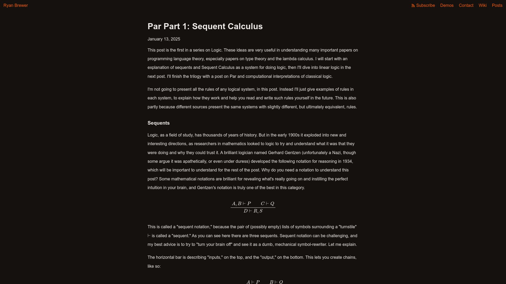 Screenshot of ryanbrewer.dev: Sequent Calculus and Notation – Par Part 1