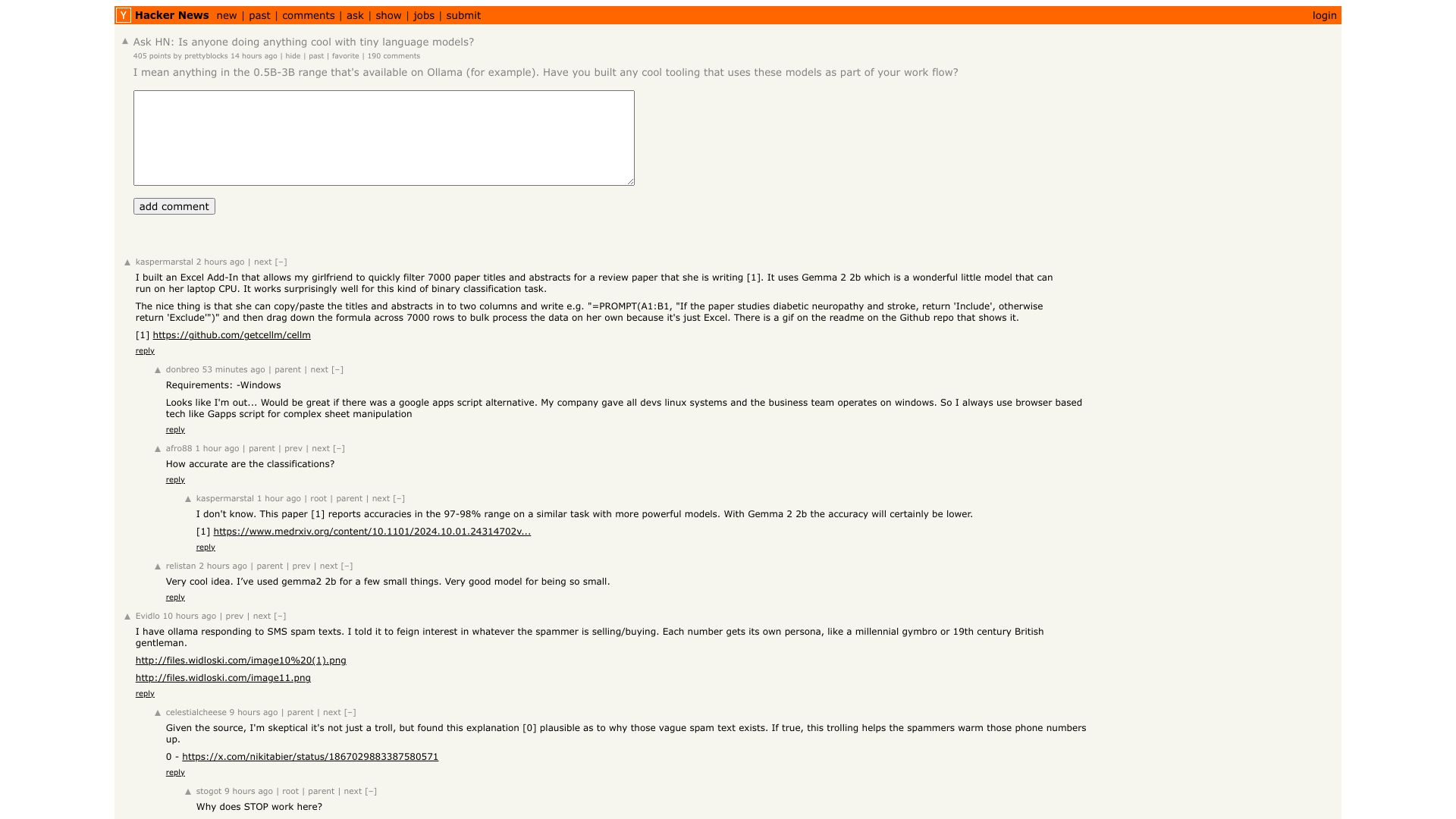 Screenshot of this Hacker News post: Ask HN: Is anyone doing anything cool with tiny language models?