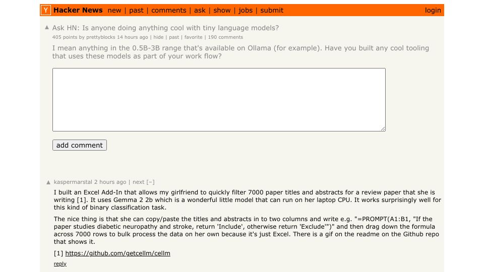 Screenshot of Hacker News post: Ask HN: Is anyone doing anything cool with tiny language models?