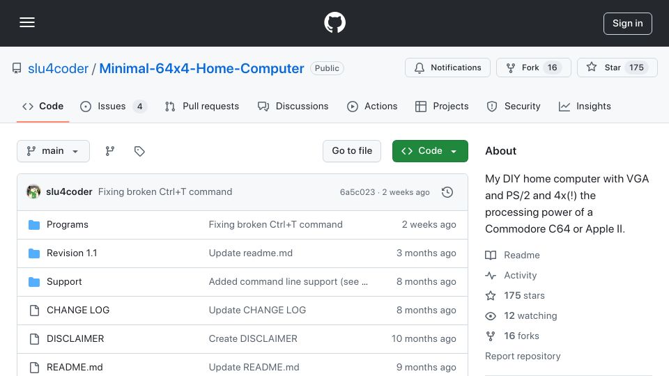 Screenshot of github.com: Minimal 64x4 Home Computer