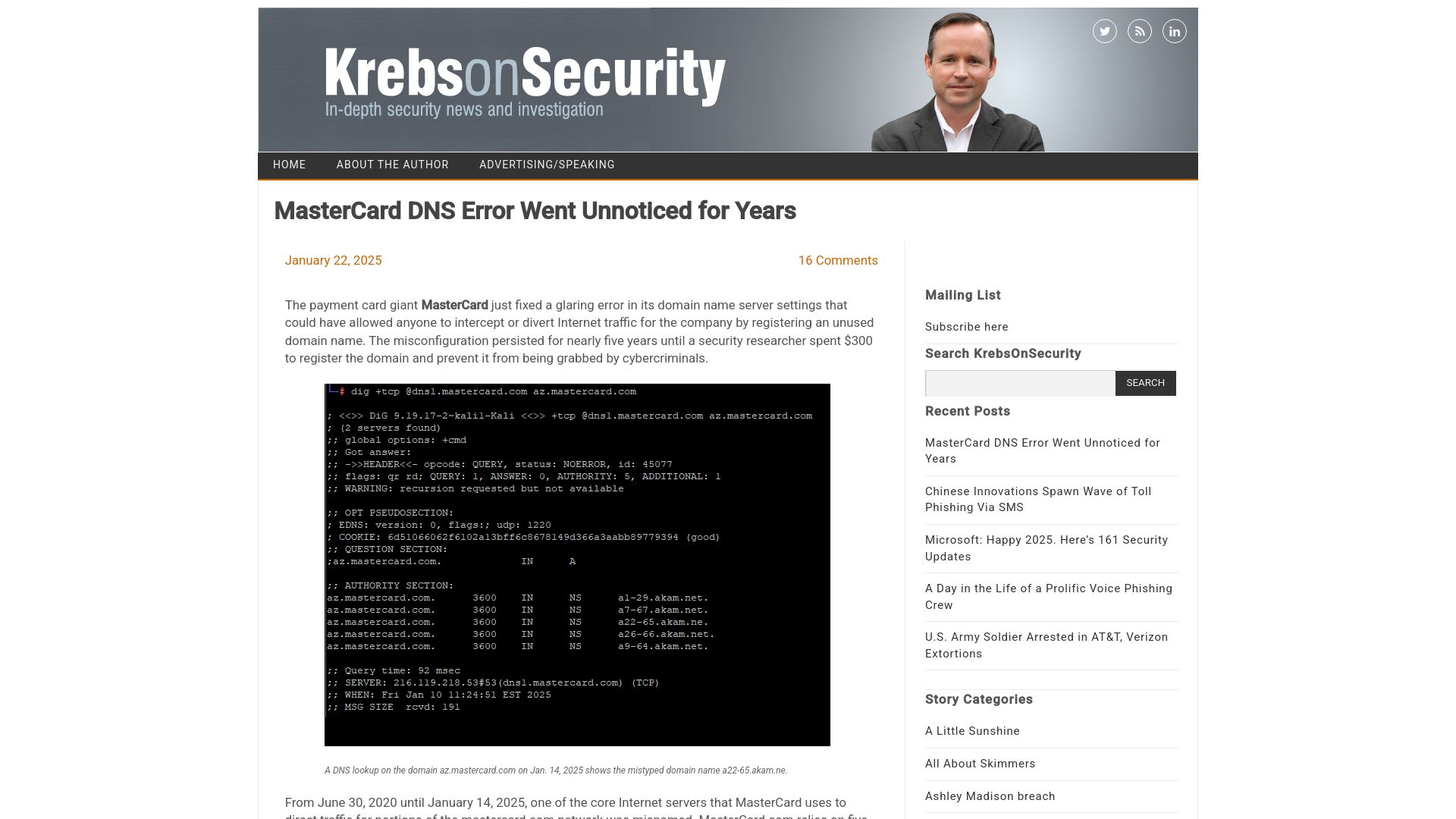 Screenshot of krebsonsecurity.com: Mastercard DNS error went unnoticed for years