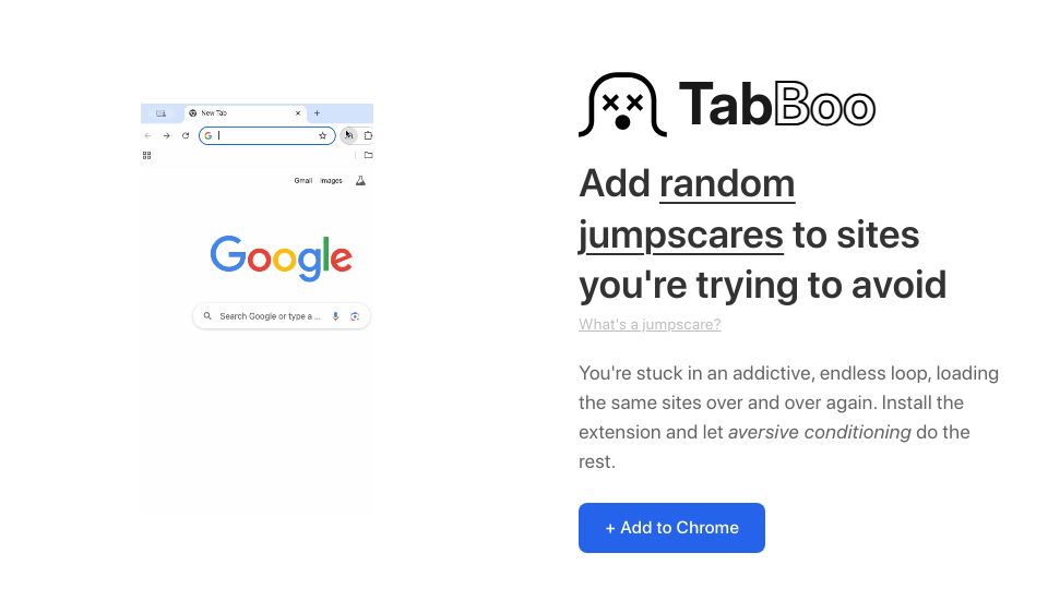 Screenshot of tabboo.xyz: TabBoo – add random jumpscares to websites you're trying to avoid