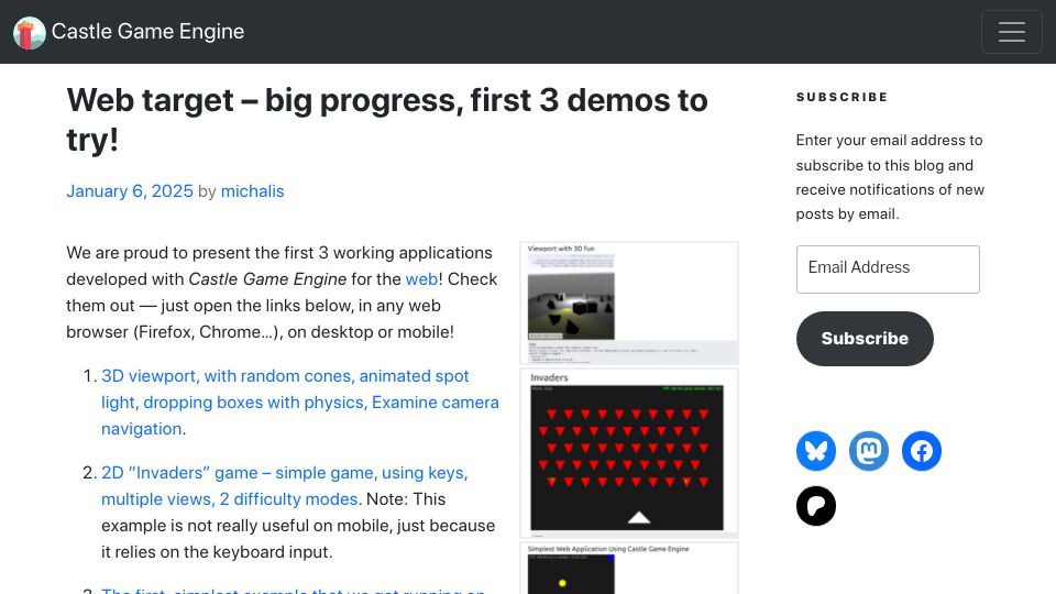 Screenshot of castle-engine.io: Castle Game Engine: Web target – big progress, first 3 demos to try