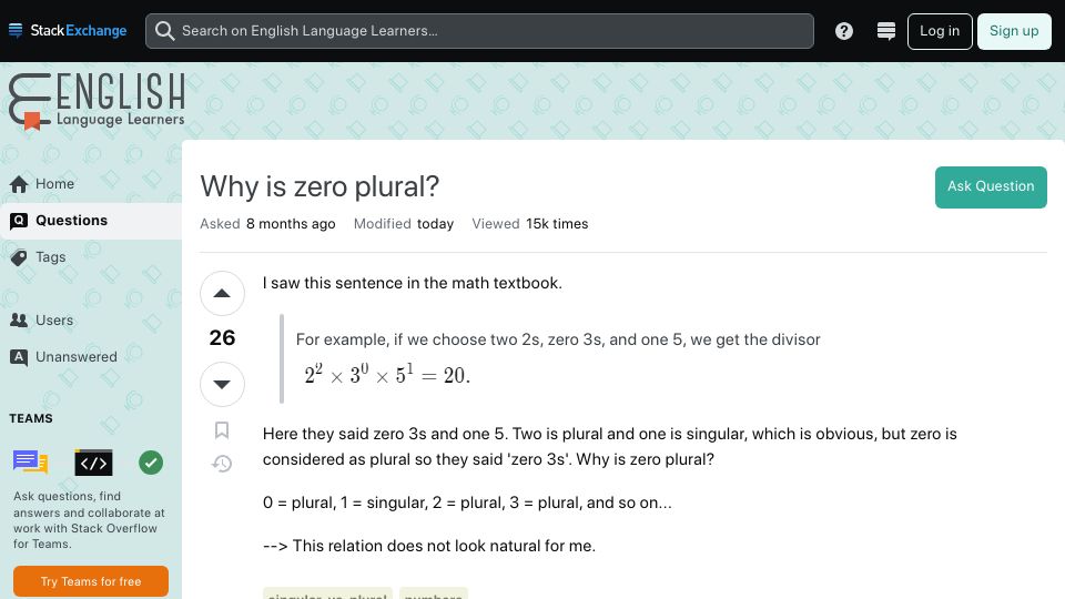Screenshot of ell.stackexchange.com: Why is zero plural? (2024)