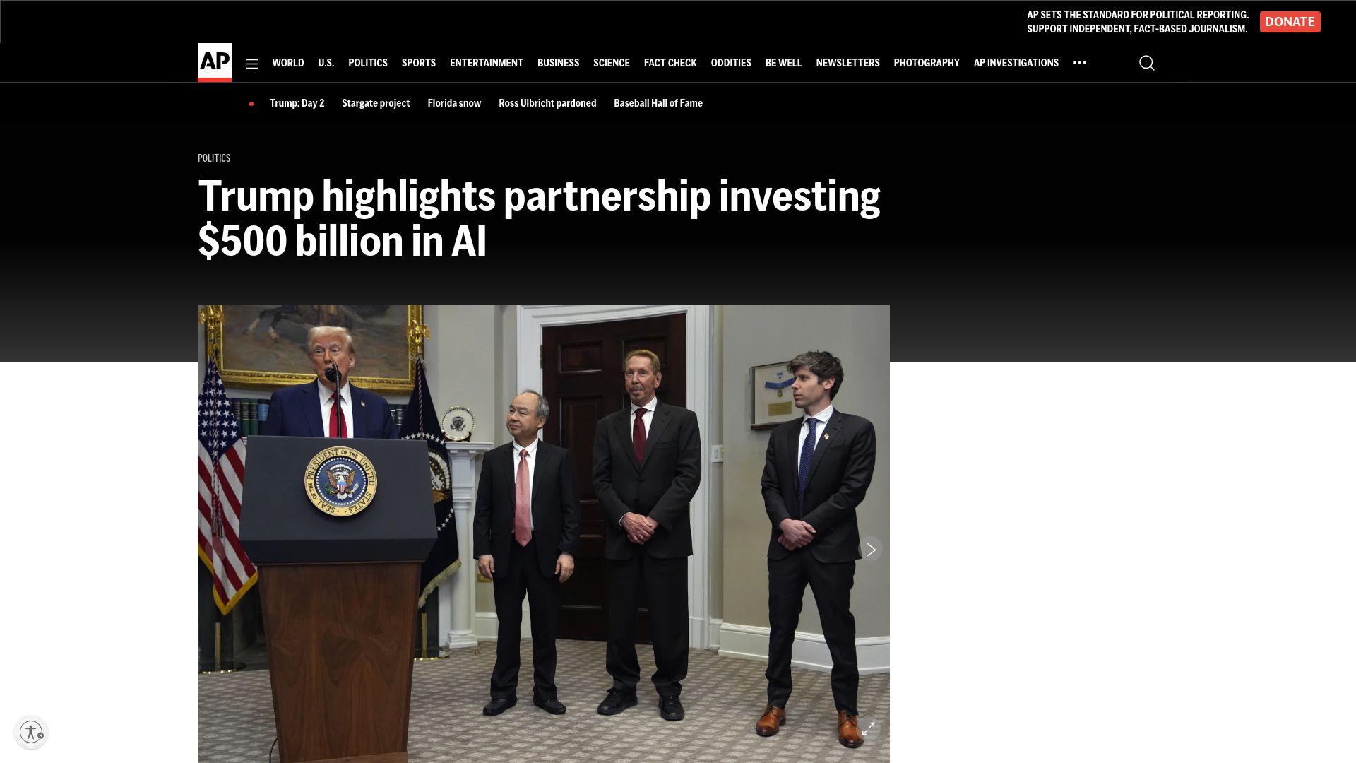 Screenshot of apnews.com: Stargate Project: SoftBank, OpenAI, Oracle, MGX to build data centers