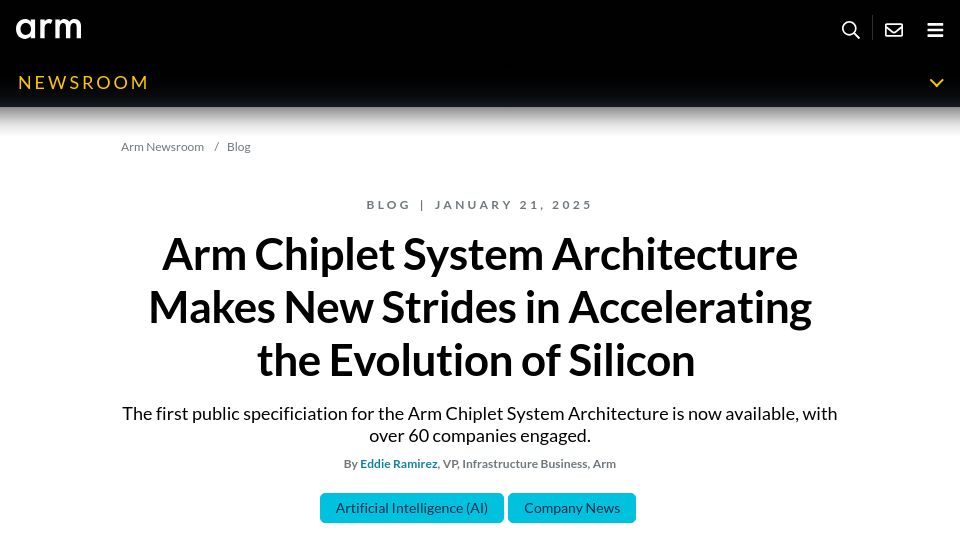 Screenshot of newsroom.arm.com: Arm releases Chiplet System Architecture spec beta version