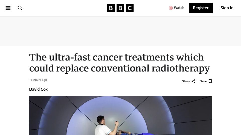 Screenshot of bbc.com: The ultra-fast cancer treatments which could replace conventional radiotherapy