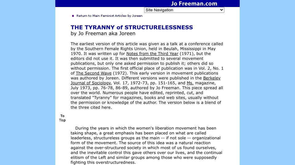 Screenshot of jofreeman.com: The Tyranny of Structurelessness (1970)
