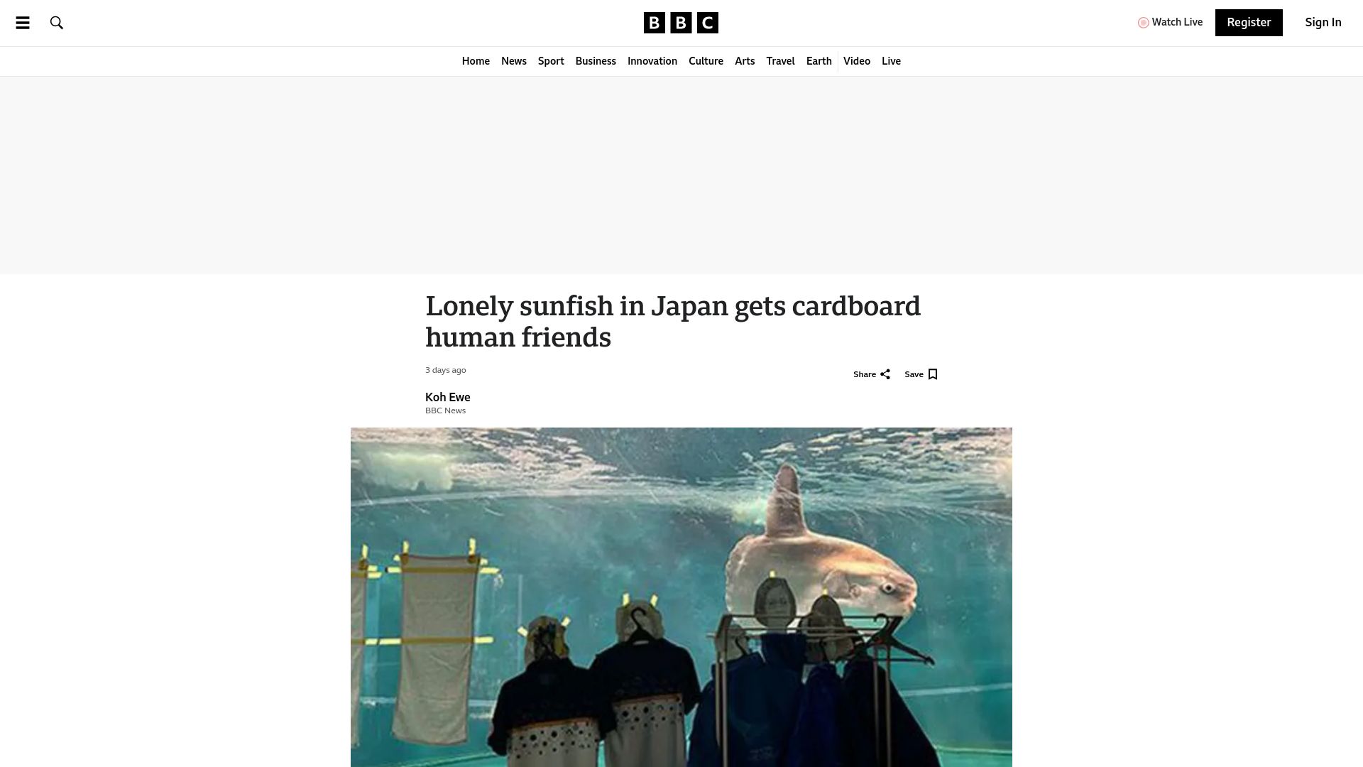 Screenshot of bbc.com: Lonely sunfish in Japan gets cardboard human friends