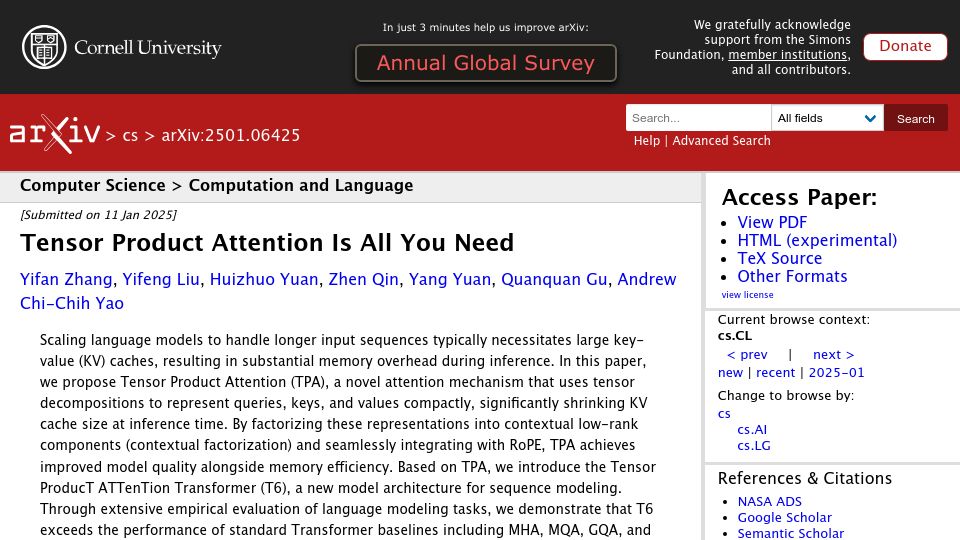 Screenshot of arxiv.org: Tensor Product Attention Is All You Need