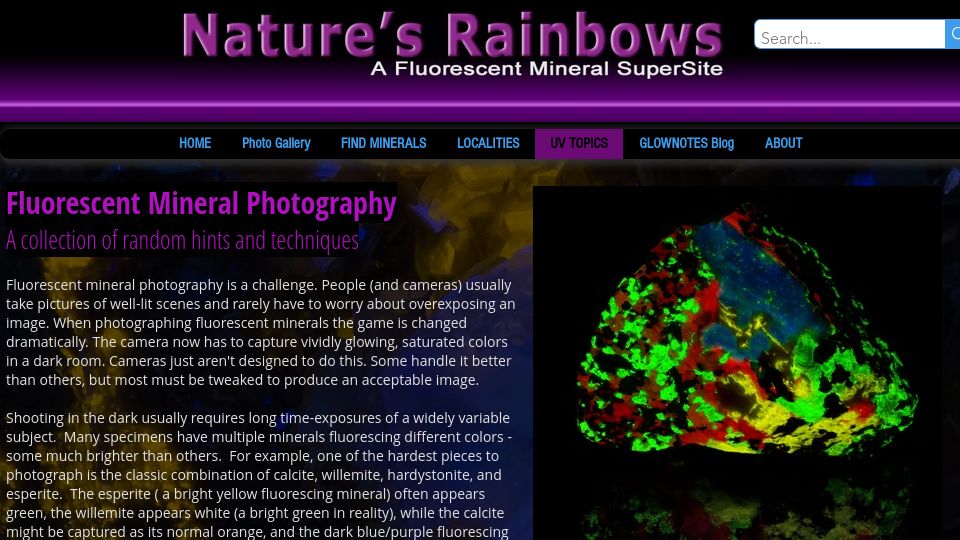 Screenshot of naturesrainbows.com: Fluorescent Mineral Photography