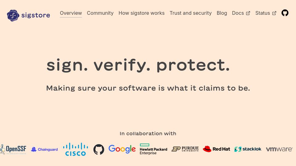 Screenshot of sigstore.dev: Sigstore: Making sure your software is what it claims to be