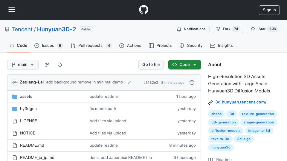 Screenshot of github.com: Hunyuan3D 2.0 – High-Resolution 3D Assets Generation