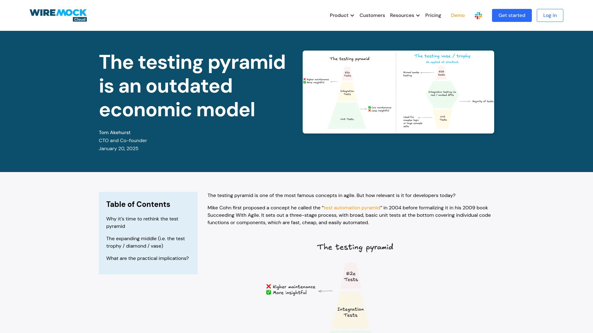 Screenshot of wiremock.io: The testing pyramid is an outdated economic model