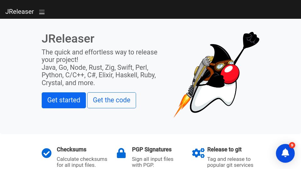 Screenshot of jreleaser.org: JReleaser: quick and effortless way to release your project