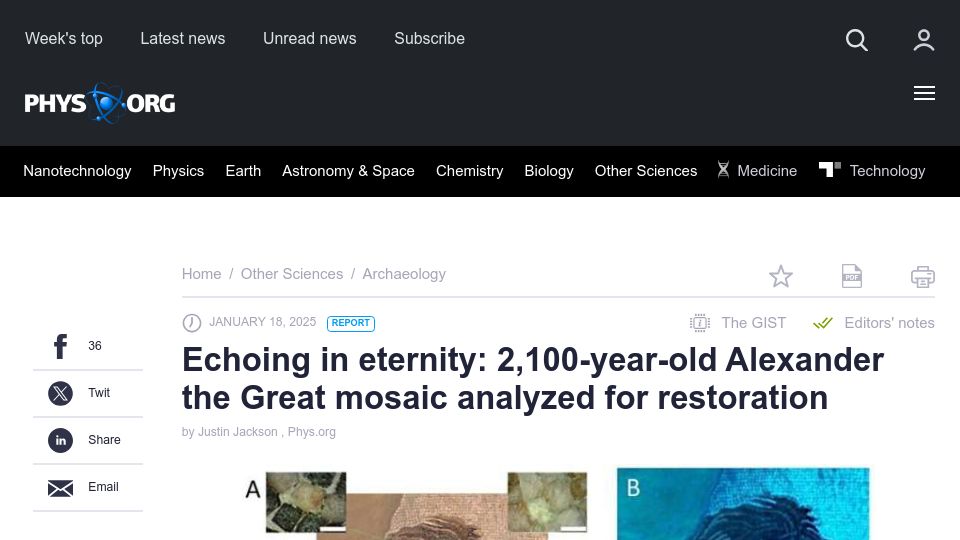 Screenshot of phys.org: 2,100-year-old Alexander the Great mosaic analyzed for restoration