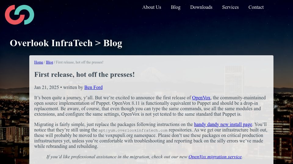 Screenshot of overlookinfratech.com: The first release of OpenVox, the OSS implementation of Puppet