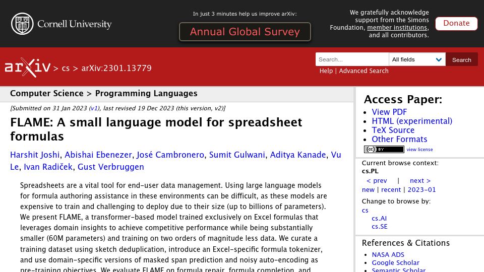 Screenshot of arxiv.org: Flame: A small language model for spreadsheet formulas (2023)