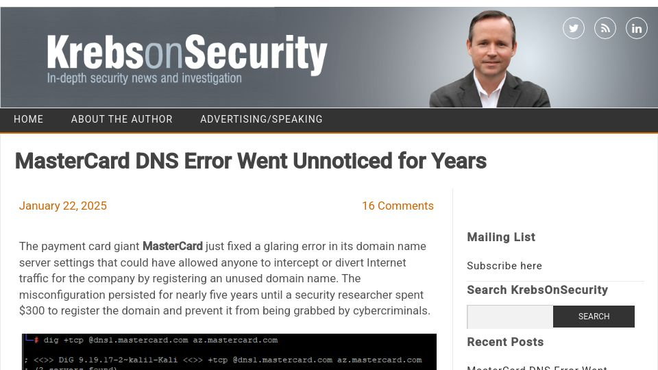 Screenshot of krebsonsecurity.com: Mastercard DNS error went unnoticed for years
