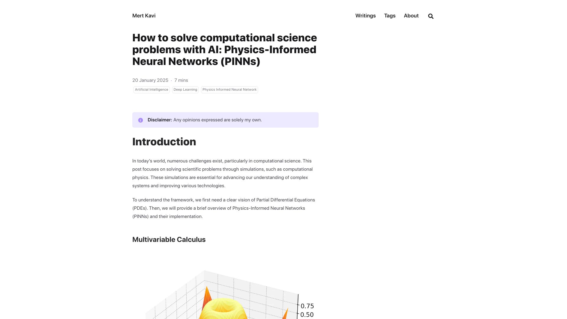 Screenshot of mertkavi.com: How to solve computational science problems with AI: PINNs