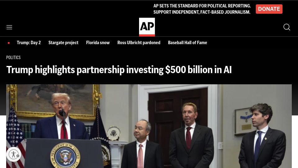 Screenshot of apnews.com: Stargate Project: SoftBank, OpenAI, Oracle, MGX to build data centers