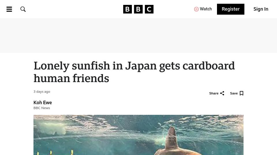 Screenshot of bbc.com: Lonely sunfish in Japan gets cardboard human friends