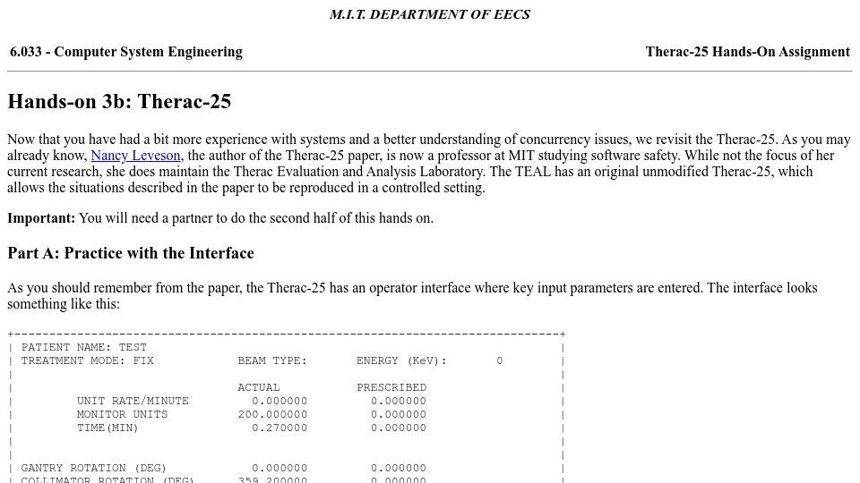 Screenshot of web.mit.edu: Hands-on Assignment – Therac-25 (2007)
