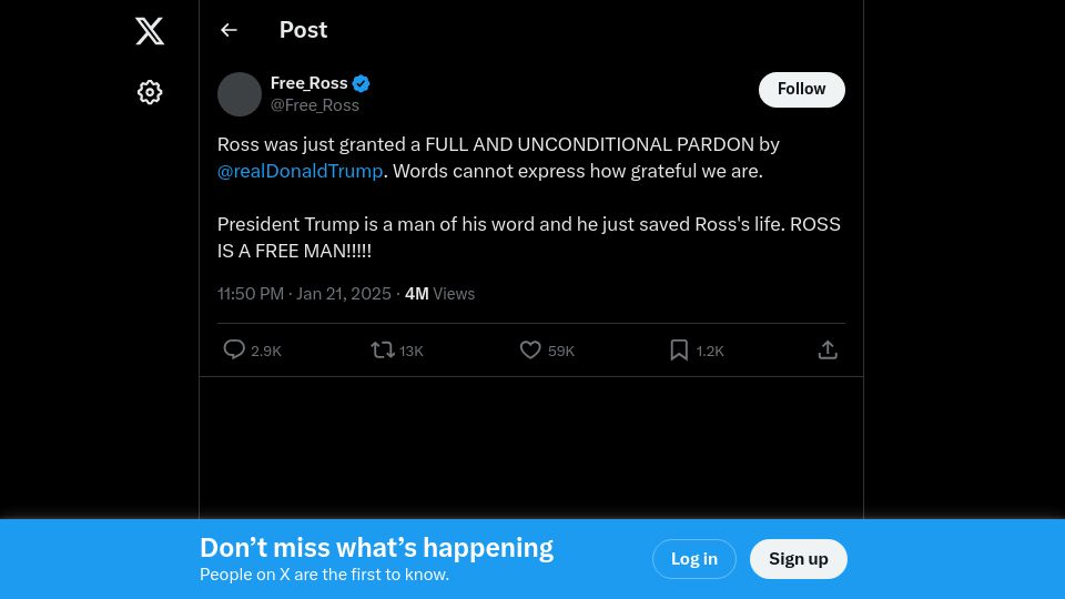 Screenshot of twitter.com: Ross Ulbricht granted a full pardon