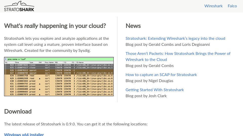 Screenshot of stratoshark.org: Show HN: Stratoshark, a sibling application to Wireshark
