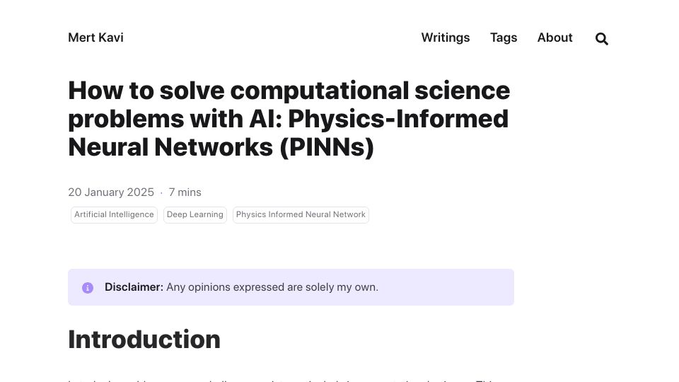 Screenshot of mertkavi.com: How to solve computational science problems with AI: PINNs