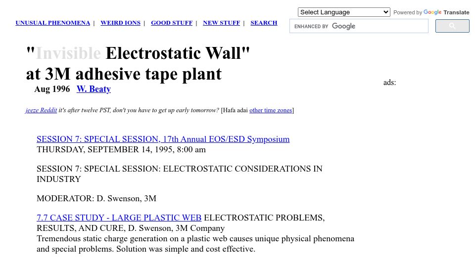 Screenshot of amasci.com: Invisible Electrostatic Wall at 3M plant (1996)