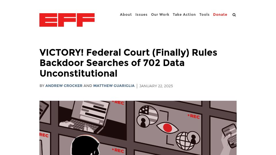 Screenshot of eff.org: Federal Court (Finally) Rules Backdoor Searches of Data Unconstitutional