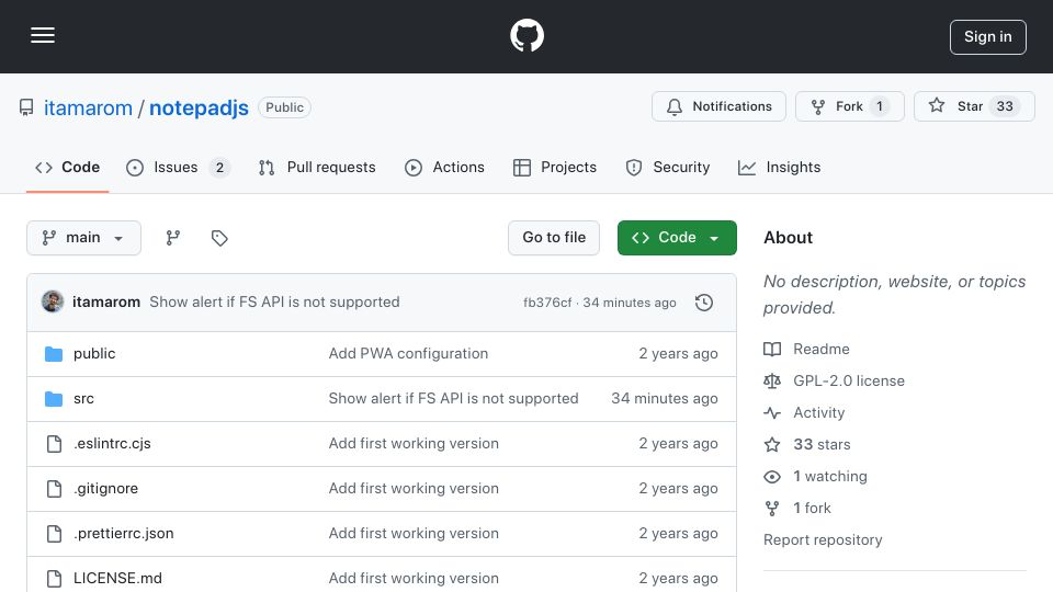 Screenshot of github.com: Show HN: NotepadJs – A cross-platform love letter to Notepad