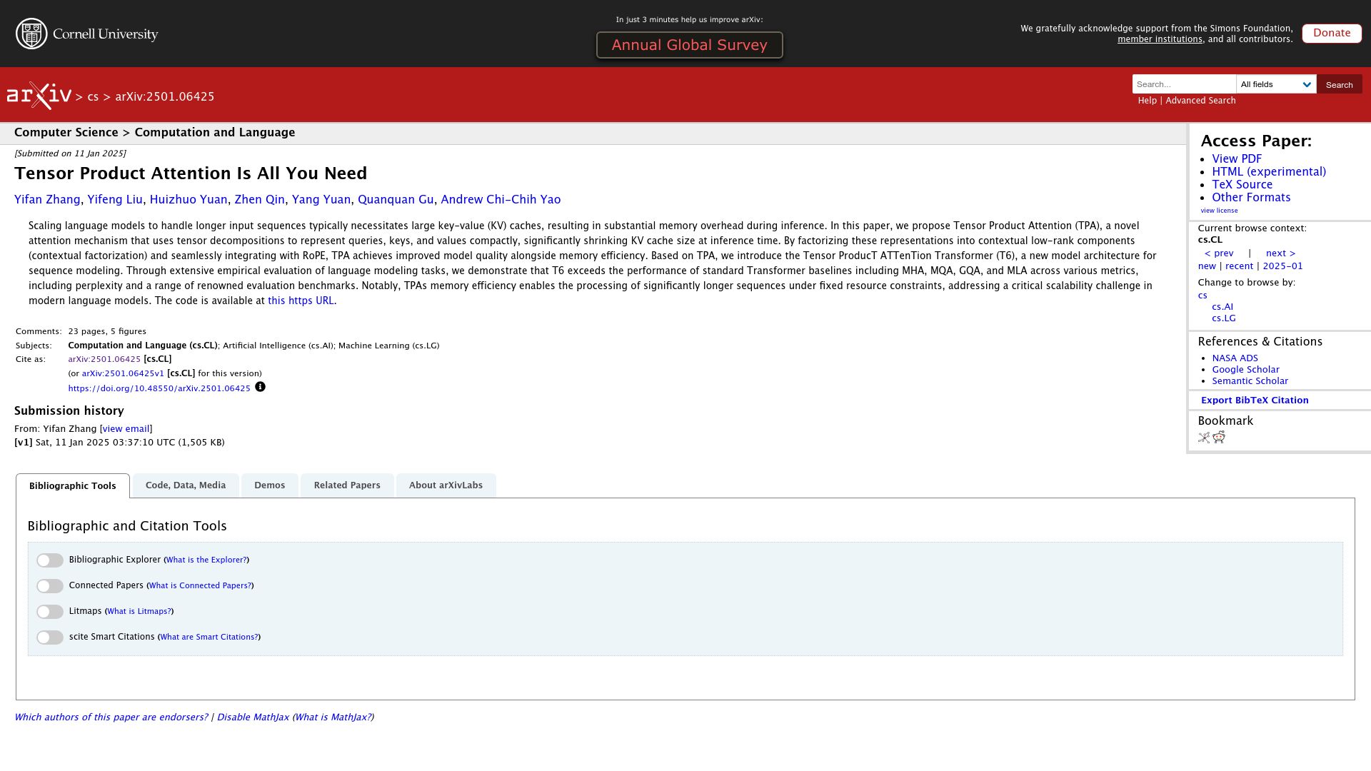 Screenshot of arxiv.org: Tensor Product Attention Is All You Need