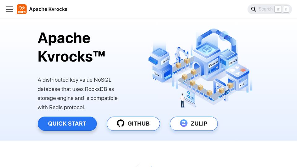 Screenshot of kvrocks.apache.org: Kvrocks: Redis-compatible distributed key value NoSQL database