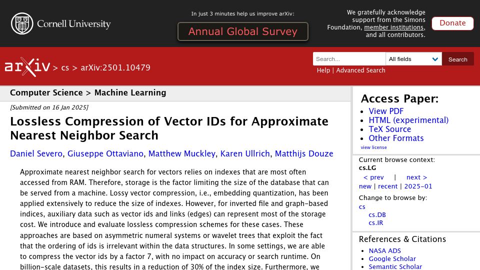 Screenshot of arxiv.org: Lossless Compression of Vector IDs for Approximate Nearest Neighbor Search