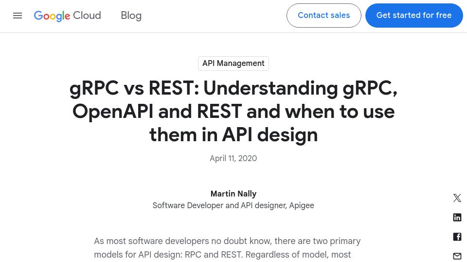 Screenshot of cloud.google.com: Understanding gRPC, OpenAPI and REST and when to use them in API design (2020)