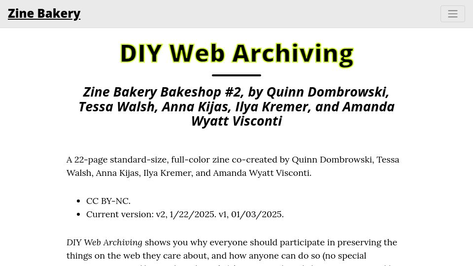 Screenshot of zinebakery.com: DIY Web Archiving Zine