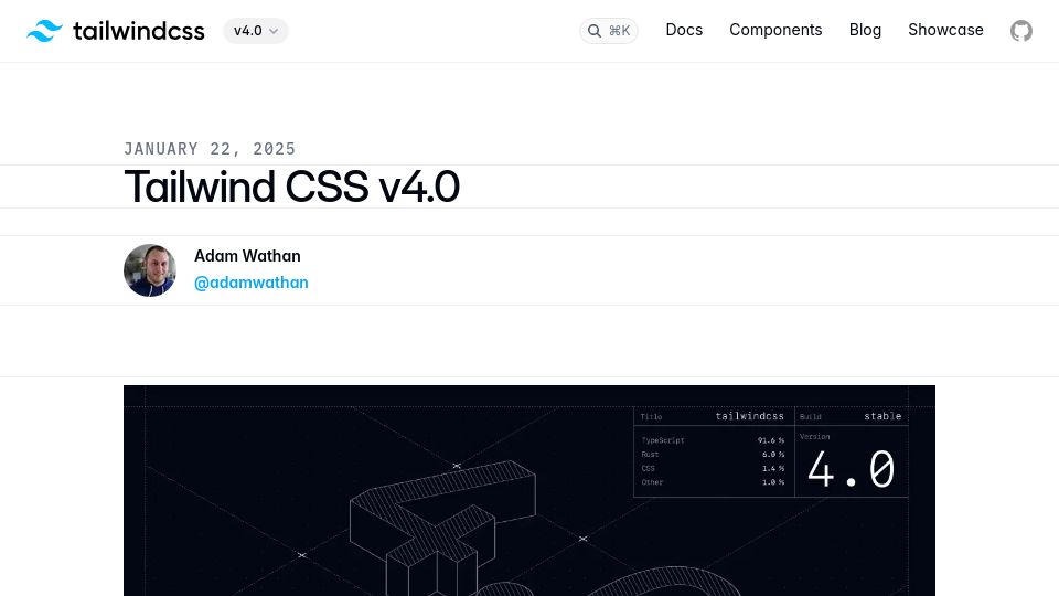Screenshot of tailwindcss.com: Tailwind CSS v4.0