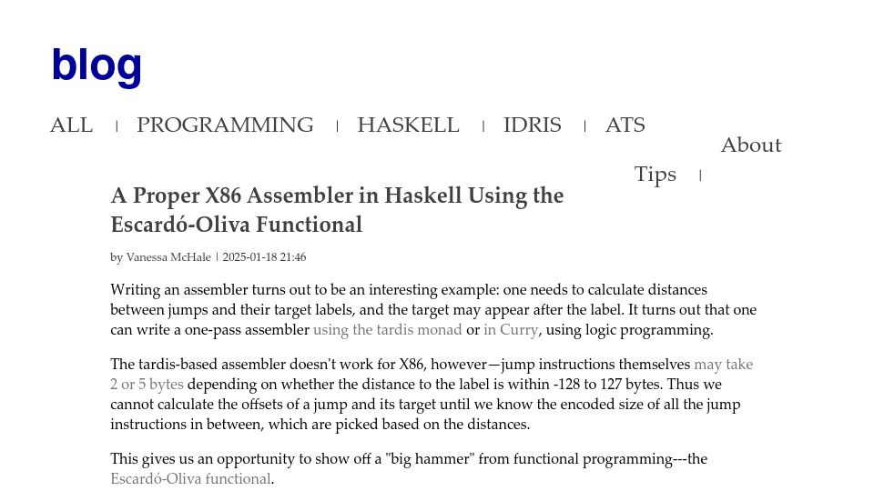 Screenshot of blog.vmchale.com: A Proper x86 Assembler in Haskell Using the Escardó-Oliva Functional