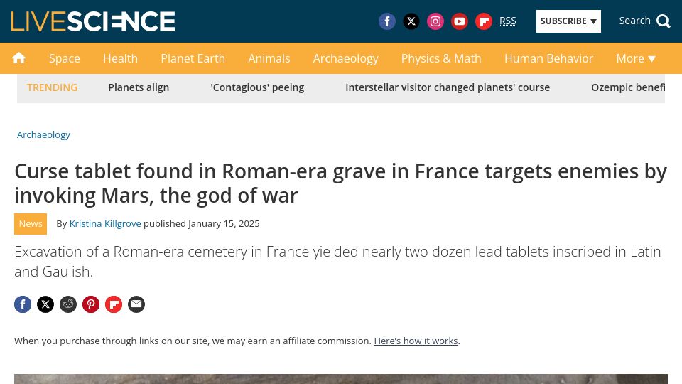 Screenshot of livescience.com: Curse tablet found in Roman-era grave in France targets enemies by invoking Mars